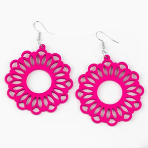 Pink Floral Design Wood Earrings
